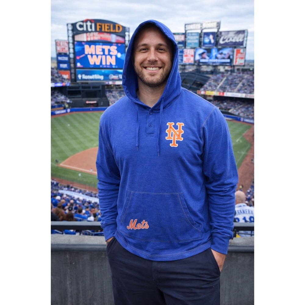 True Fan New York Mets Royal Blue Baseball Hoodie Button Neck Size Medium‎
